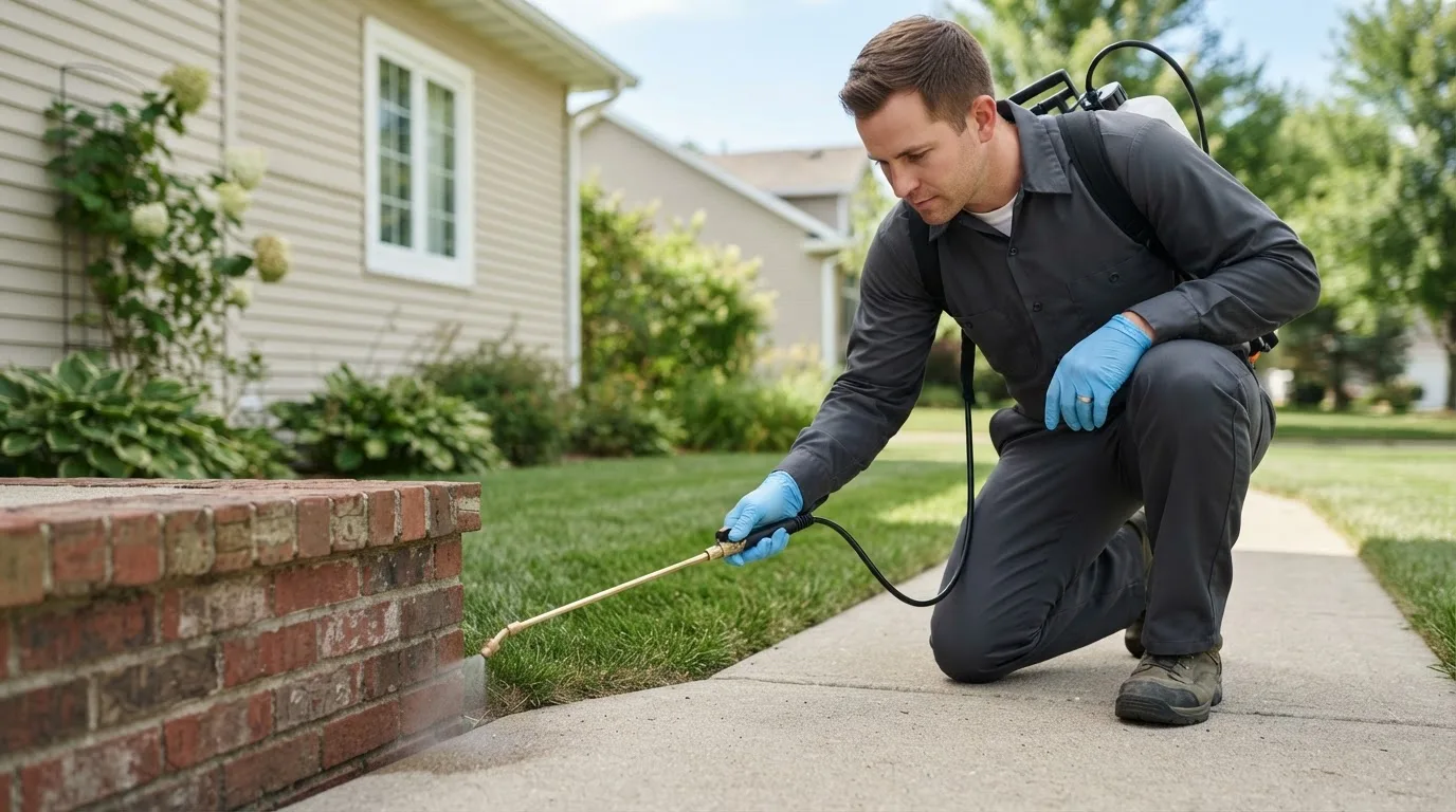 Pest control technician treating a home near Pineville, MO